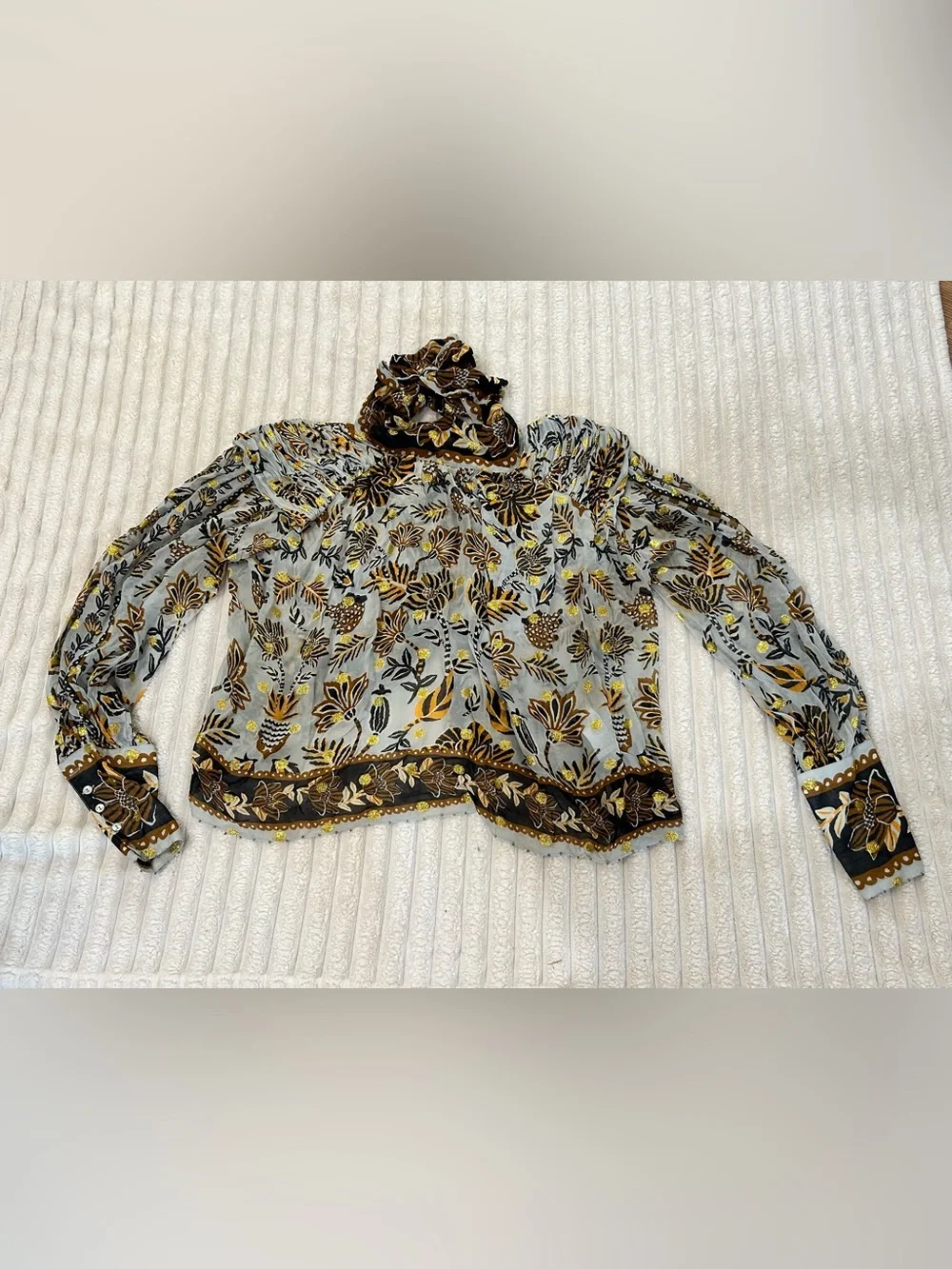 FARM Rio Sheer Floral High-Neck Blouse in White, Mustard and Black EUC